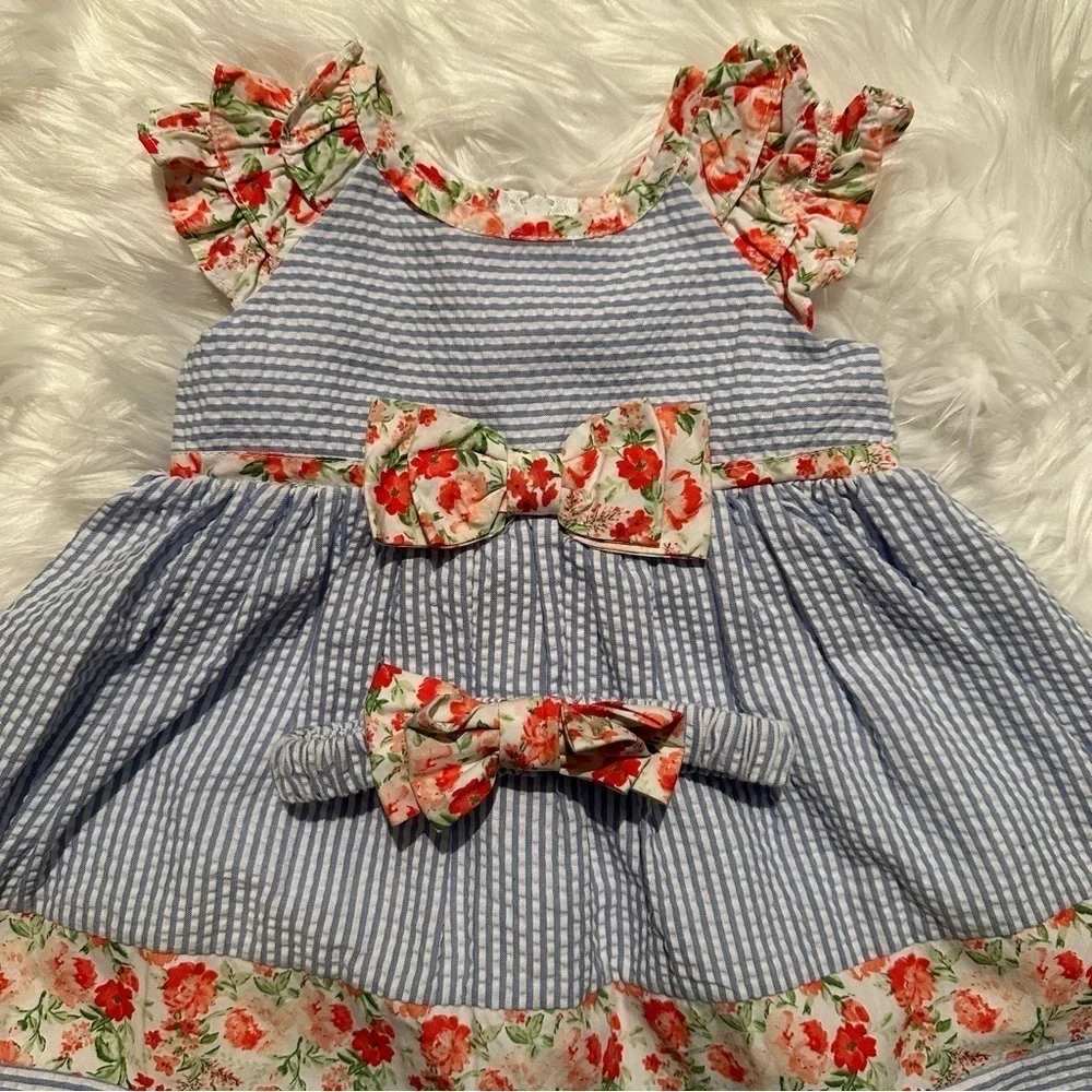 Bonnie Baby‎ Girls 12M Blue Floral Stripe 3-Piece Dress Set